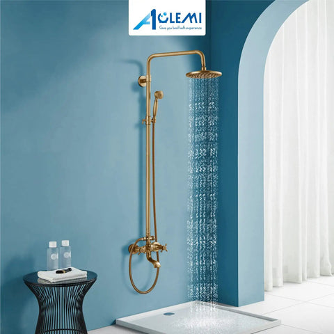 Antique Brass Tub Shower Faucet Set With 8 Inch Shower Head Handheld Spray And Diverter Triple Function Mixer in use