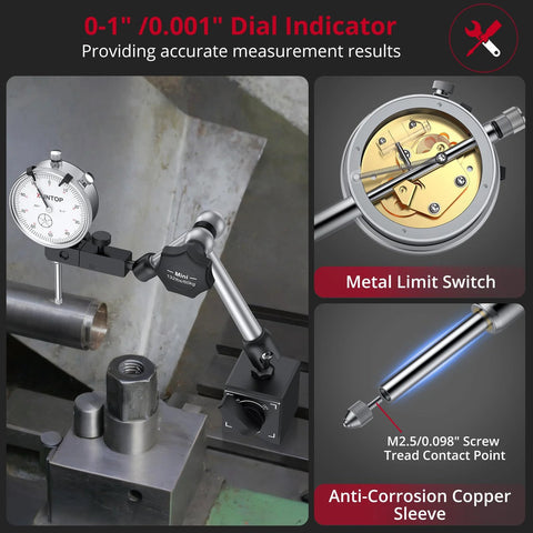 Front view: XUNTOP dial indicator on magnetic base with adjustable arm; imperial 0-1 in, 0.001 in resolution