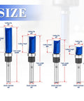Four Piece Set Of Tough As Nails Tungsten Carbide Flush Trim Router Bits With 1/4 Inch Guided Shank For Slick Woodworking Cuts Perfect For Millwork Shop size diagram with measurements.