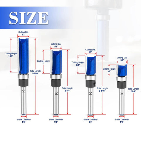 Four Piece Set Of Tough As Nails Tungsten Carbide Flush Trim Router Bits With 1/4 Inch Guided Shank For Slick Woodworking Cuts Perfect For Millwork Shop size diagram with measurements.