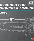 Diagram of an 8-inch pole saw blade, designed for pruning, part of 18V LXT Brushless Cordless Extendable Pole Saw With 14 Ft Reach.