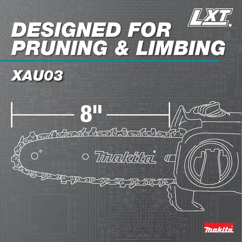 Diagram of an 8-inch pole saw blade, designed for pruning, part of 18V LXT Brushless Cordless Extendable Pole Saw With 14 Ft Reach.