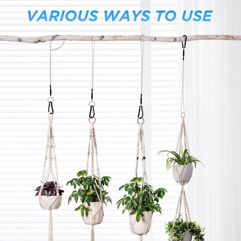 2 Pack Hanging Straps With Carabiner Hook 8 Inch Hanging Chain Cable Rope suspending planters on a branch indoors.
