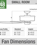 Diagram showing dimensions of 48 Inch Damp Rated Ceiling Fan No Light With 5 Blades White Finish Standard Mount Pull Chain Indoor Outdoor Use
