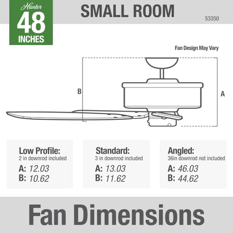 Diagram showing dimensions of 48 Inch Damp Rated Ceiling Fan No Light With 5 Blades White Finish Standard Mount Pull Chain Indoor Outdoor Use