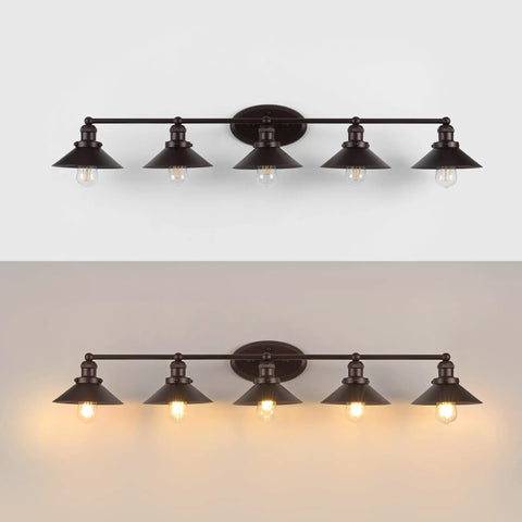 Oil Rubbed Bronze 5 Light Industrial Farmhouse Vanity Light Wall Sconce With Metal Shade For Bathroom Mirror Kitchen And Entryway LED Bulbs Included Easy Install No Fuss Damp Location Ready