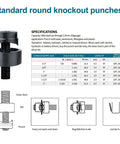 Specifications for Standard Round Knockout Punches with diagram and table for Knockout Hole Punch Driver Kit With Six Dies 22.5-61.5mm.