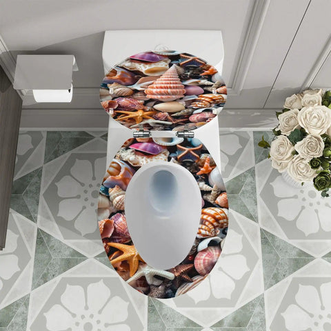 Elongated Quiet Close Toilet Seat for Home Bathroom with seashell design, measuring 14.5" x 18.5" for a stylish look.