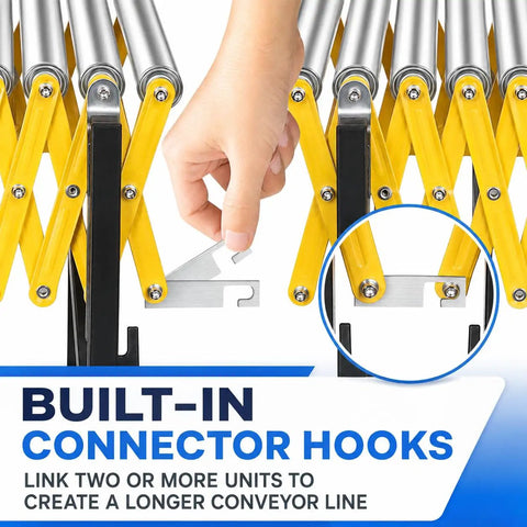 Rock Solid Heavy Duty Adjustable Roller Conveyor 1000 Lb Capacity showing built-in connector hooks for linking units.