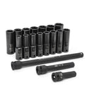 18 Piece Deep Metric Impact Socket Set for One Half Inch Drive, Off Corner Loading, Black Oxide Finish, High Visibility Markings