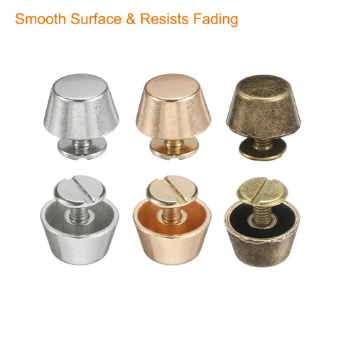 Premium Silver Tone Flat Head Rivet Studs Screw Back Setting Solid Alloy Hardware For Leather Crafting Projects displayed in six colorful finishes.