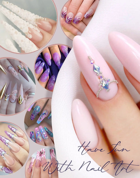 Collage of various nail art designs in pastel and vibrant colors showcasing intricate details.