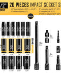 20 Piece One Half Inch Drive Deep Impact SAE Socket Set With Three Eighths To One And One Quarter Inch Sizes, upgraded CR-MO Steel.