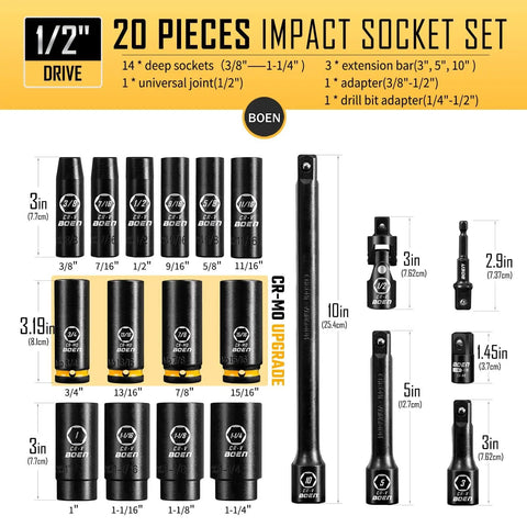 20 Piece One Half Inch Drive Deep Impact SAE Socket Set With Three Eighths To One And One Quarter Inch Sizes, upgraded CR-MO Steel.