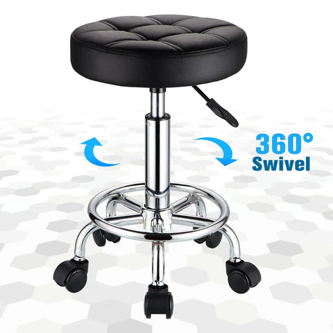 Round Rolling Stool With PU Leather Seat, Height Adjustable From 19.6 To 25.5 Inches, 360 Degree Swivel, Durable Wheels, Black Esthetician Chair