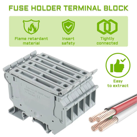 LED Indication Fuse Holder Terminal Block For DIN Rail 24V DC Screw Clamp With Universal Mounting Feet, Grey, PA66 Flame Retardant