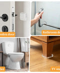 Clear Rubber Door Stopper Set With Self Adhesive Bumpers for walls, cabinets; shown on wooden door, bathroom door, toilet, TV stand.