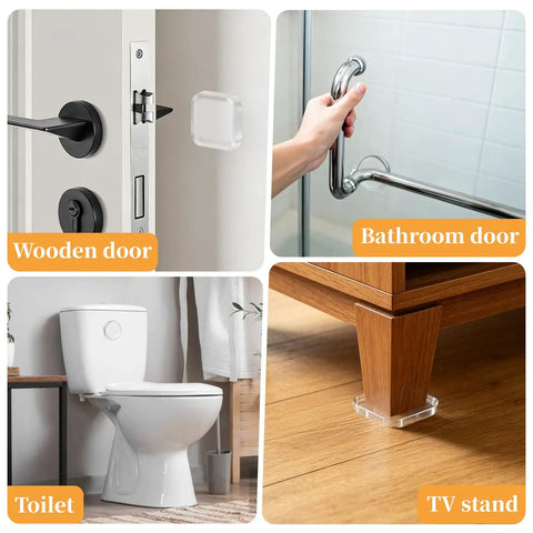 Clear Rubber Door Stopper Set With Self Adhesive Bumpers for walls, cabinets; shown on wooden door, bathroom door, toilet, TV stand.