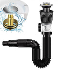 Upgraded Bathroom Sink Drain Kit with Flexible Expandable P Trap, Pop Up Stopper, fits 1-1/2 Inch OD Drain Inlets shown.