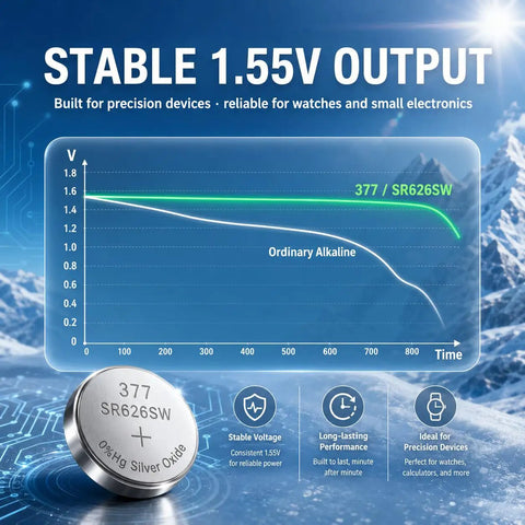 Image showing stable voltage output graph demonstrating 10 Pack Sr626sw And 377 Watch Batteries 1.55V Silver Oxide Button Cells.