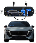 Blue LED Car Light Sign With USB Type-C Touch Control And Suction Cup Mount displayed on a black car windshield.