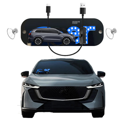 Blue LED Car Light Sign With USB Type-C Touch Control And Suction Cup Mount displayed on a black car windshield.