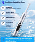 Rechargeable Tooth Polisher Kit With LED Light, 6 Brush Heads And 5 Polishes, showing four polishing modes on blue background