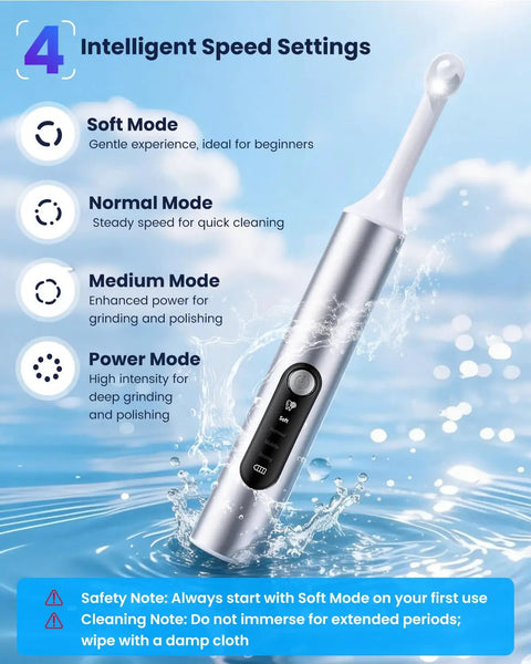 Rechargeable Tooth Polisher Kit With LED Light, 6 Brush Heads And 5 Polishes, showing four polishing modes on blue background