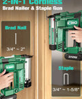 Heavy Duty 2 Inch Cordless Brad Nailer And Stapler Combo 18 Gauge 20V Power Tool showing brad nail and staple settings on wooden surface.