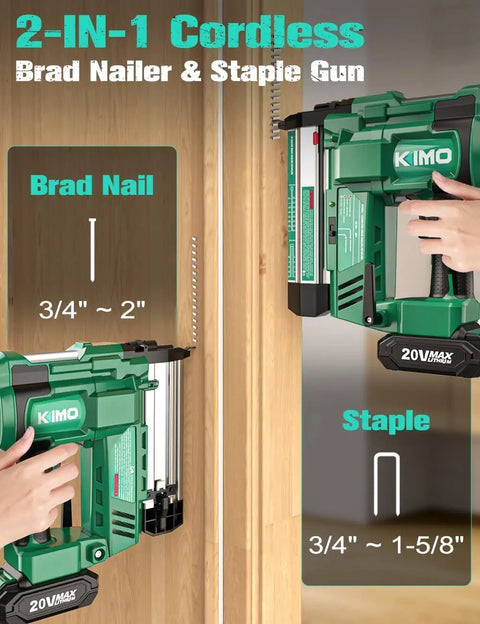 Heavy Duty 2 Inch Cordless Brad Nailer And Stapler Combo 18 Gauge 20V Power Tool showing brad nail and staple settings on wooden surface.
