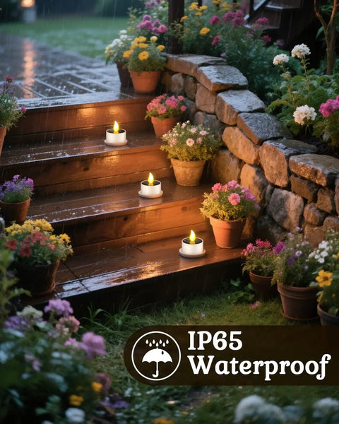 Solar Powered Tea Lights Six Pack Flameless LED Candles With IP65 Waterproof on outdoor steps in garden at night