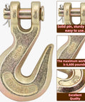 Close-up of 10 Piece Three Eighth Inch Clevis Grab Hooks Set, Grade 70 Forged Steel With Yellow Chromate Finish, showing sturdy pin.