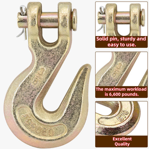 Close-up of 10 Piece Three Eighth Inch Clevis Grab Hooks Set, Grade 70 Forged Steel With Yellow Chromate Finish, showing sturdy pin.