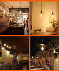 Dimmable LED Edison Bulbs ST64 2700K Soft White Amber Glass Vintage Filament Lights enhancing warm ambiance in cafes and restaurants.