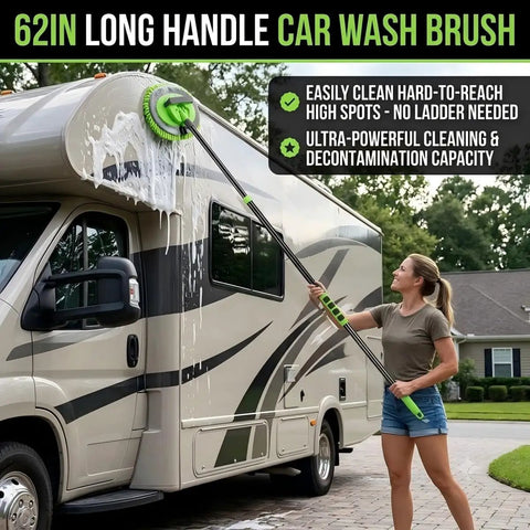 Person using Long Handle Car Wash Brush Kit With Microfiber Mop Mitt For Scratch Free Detailing And Cleaning Of Cars Trucks SUVs RVs Boats