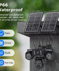 20MP Four Lens Solar Security Camera Outdoor Wifi Wireless Surveillance For Home Yard And Driveway Keeps Your Place Locked Down Fo Sho Ultra Wide Angle With Hardcore Night Vision And Instant Alerts mounted with solar panels, IP66 waterproof design, monitoring in rain.