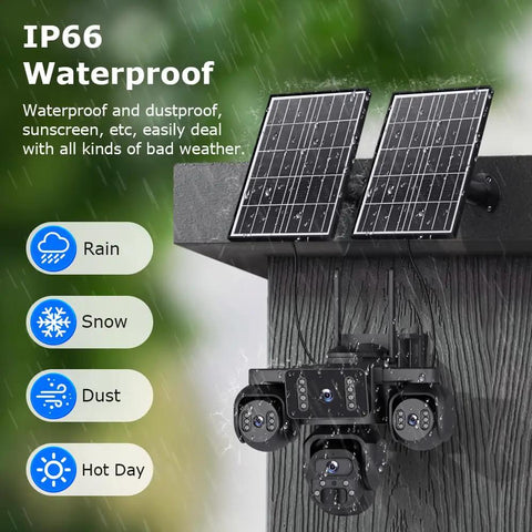20MP Four Lens Solar Security Camera Outdoor Wifi Wireless Surveillance For Home Yard And Driveway Keeps Your Place Locked Down Fo Sho Ultra Wide Angle With Hardcore Night Vision And Instant Alerts mounted with solar panels, IP66 waterproof design, monitoring in rain.
