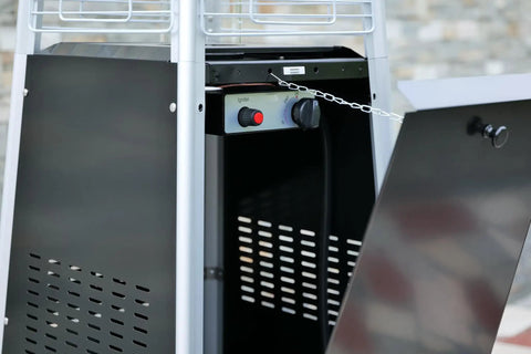 Open compartment of Pyramid Patio Heater With 48000 BTU Output For Outdoor Comfort Propane Fueled Heat For Patios And Commercial Spaces
