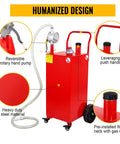 30 Gallon Gas Caddy With Pump On Four Wheels, showing rotary hand pump, push handle, and steel material close-ups