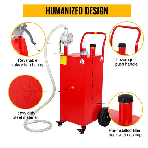30 Gallon Gas Caddy With Pump On Four Wheels, showing rotary hand pump, push handle, and steel material close-ups