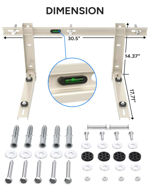 Built Like A Tank Mini Split Wall Mounting Bracket For Ductless Ac And Heat Pump Compressor Holder with dimensions and installation hardware.