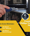 Top Drawer 10-32 Machine Screw And Cage Nut Bundle With Washers, driver installing a premium Phillips truss head screw in a rack.