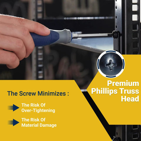 Top Drawer 10-32 Machine Screw And Cage Nut Bundle With Washers, driver installing a premium Phillips truss head screw in a rack.