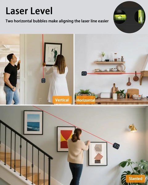 Person using 4 In 1 Laser Level Tool With Line Laser And Dust Collector, Wall Bracket, Electronic Vacuum Suction Cup, 1800 mAh Battery, Leveler For Picture Hanging Painting And Home Renovations on walls.
