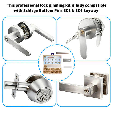 Lock Pinning Kit For Schlage Rekeying SC1 SC4 Keyways with pins, locks, and tools for DIY home security upgrade, 50 pieces each set.