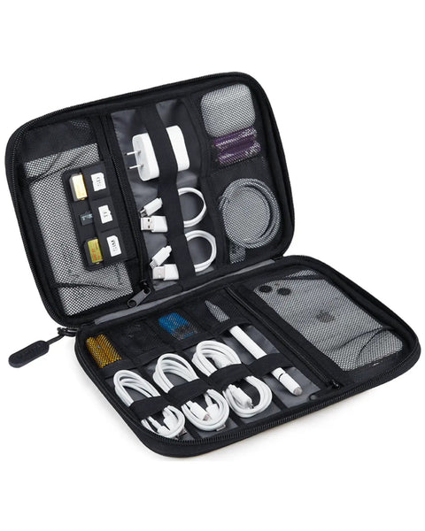 Travel Ready Electronics Organizer Case for Cords and Tech Gear, containing cables, adapters, and SD cards, open view