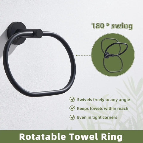 Killer Matte Black Oval Towel Ring features smooth swivel action, wall-mounted accessory for easy towel access in tight spaces.