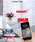 Smart Water Leak Detector Sensor With 95dB Alarm, Email And App Alerts, No Subscription Fee, showing alarm types on phone screen