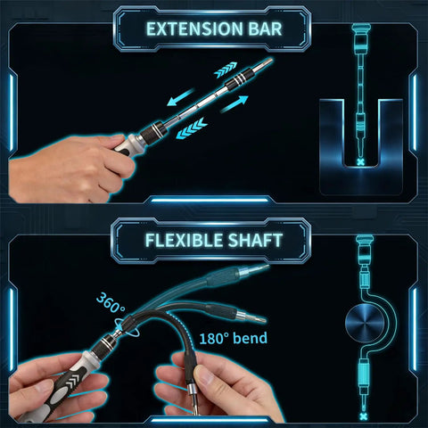 Hands demonstrating extension bar and flexible shaft from 122 In 1 Precision Screwdriver Kit With 101 Magnetic Bits And 21 Tools For Laptop PC Tablet iPhone And PS4 Repairs.
