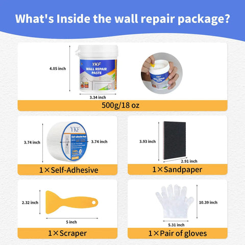 All In One DIY Ready Drywall Repair Kit With 18 Oz Spackle Paste, Scraper And Self Adhesive Mesh package contents